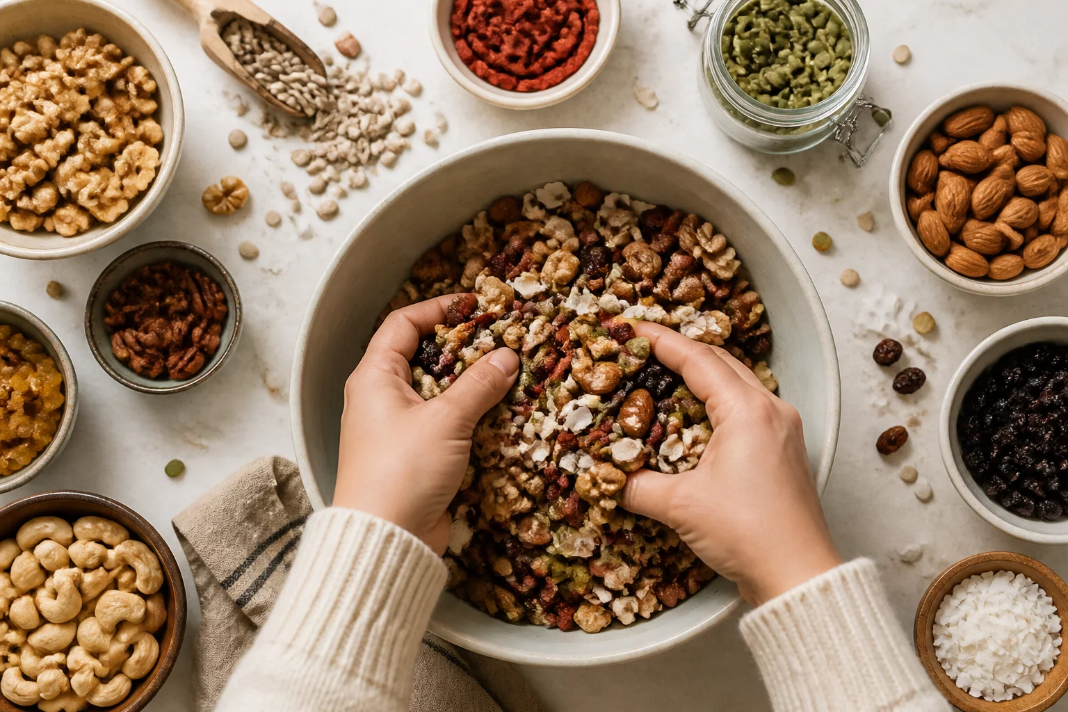 Making Trail Mix at Home with assorted dried fruits